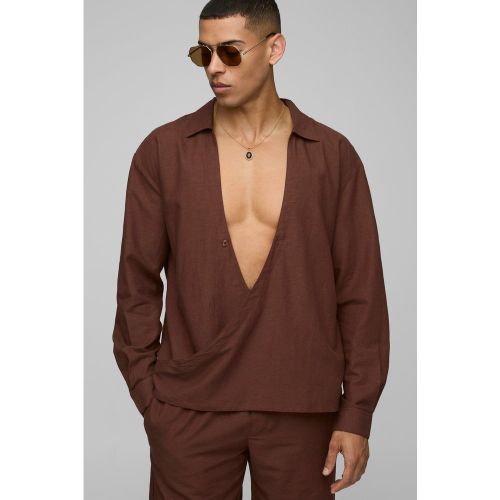 Camicia oversize a incrocio a maniche lunghe in lino - boohoo - Modalova