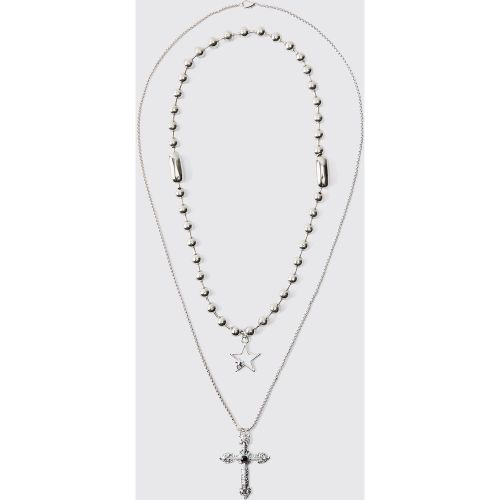 Collana a due fili in argento con pendente a croce - boohoo - Modalova