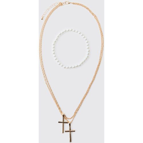 Set De Collar Con Cruz Doble Y Pulsera De Perlas - boohoo - Modalova