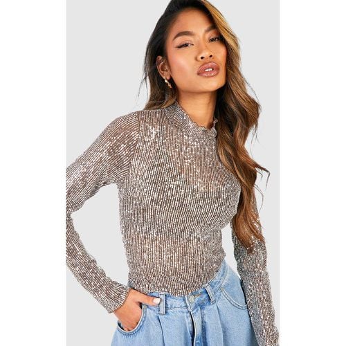 Top a collo alto a maniche lunghe con paillettes - boohoo - Modalova