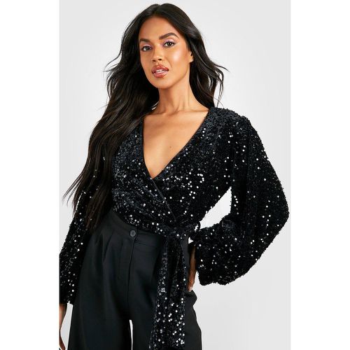 Body in velluto con paillettes e maniche ampie - boohoo - Modalova