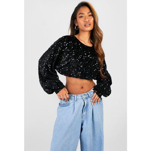 Top con paillettes, cut-out sul retro e maniche a palloncino - boohoo - Modalova