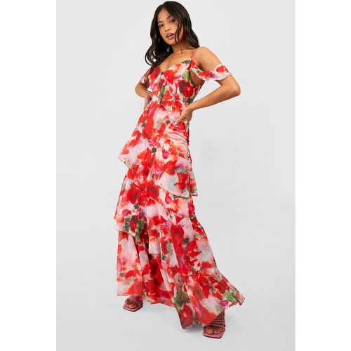 Vestido Petite Maxi Asimétrico De Chifón Escalonado Con Volante Y Estampado De Flores - boohoo - Modalova