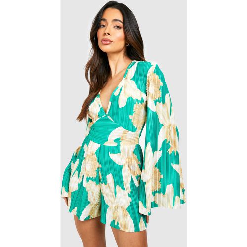 Mono Corto Plisado Con Mangas Acampanadas Y Estampado De Flores - boohoo - Modalova