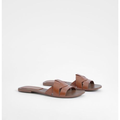 Woven Leather Mule Sandals, Brown - boohoo - Modalova