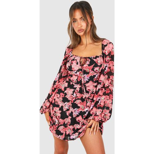 Vestido Mini Estilo Mesonera Texturizado Con Estampado De Flores Y Mangas De Globo - boohoo - Modalova