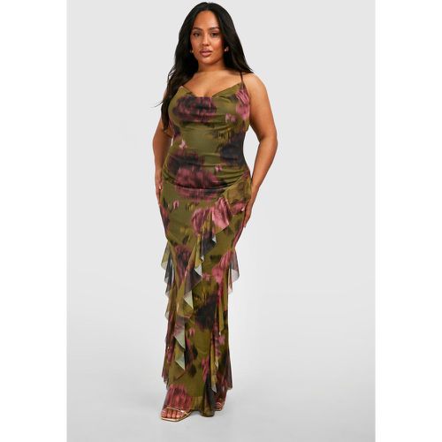 Vestito maxi Plus Size in rete con stampa a fiori e dettagli arricciati - boohoo - Modalova