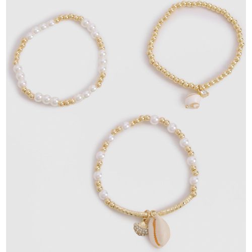 Sea Shell Pearl Detail 3 Pack Bracelets - boohoo - Modalova