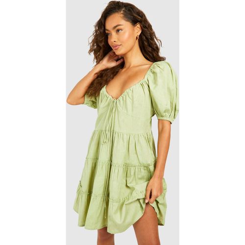 Linen Puff Sleeve Mini Dress, Verde - boohoo - Modalova