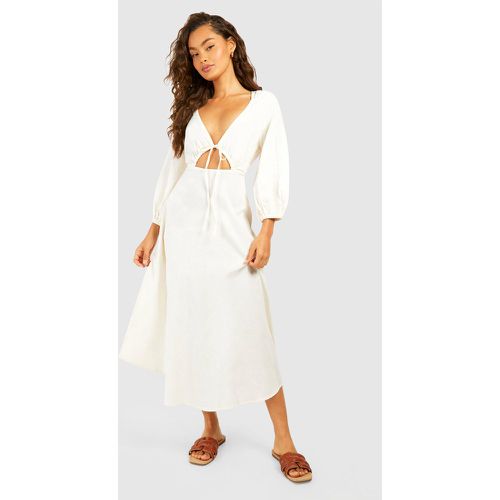 Vestito longuette in lino con laccetti frontali e maniche a sbuffo - boohoo - Modalova