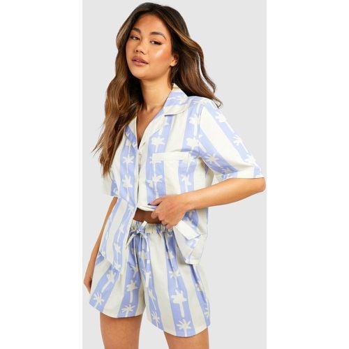 Camicia a maniche corte in cotone popeline a righe con stampa di palme - boohoo - Modalova