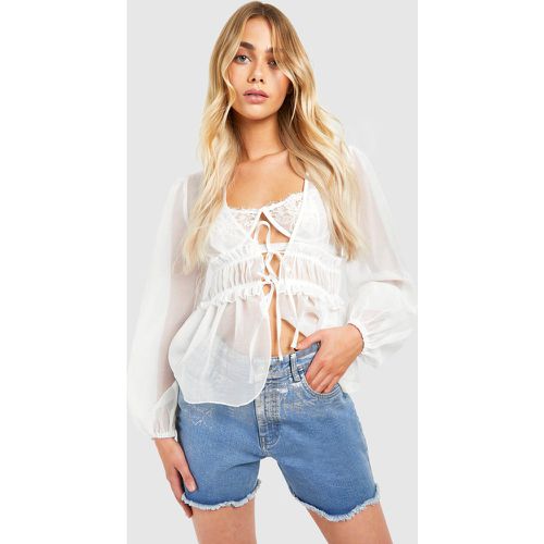 Blusa con trama, laccetti e maniche ampie - boohoo - Modalova