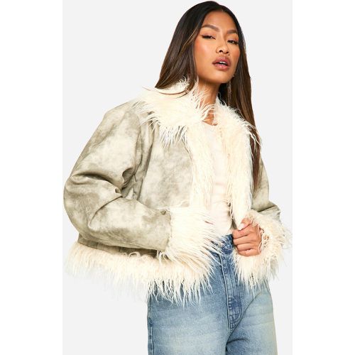 Chaqueta Efecto Vintage De Cuero Sintético Con Ribete De Pelo Sintético - boohoo - Modalova