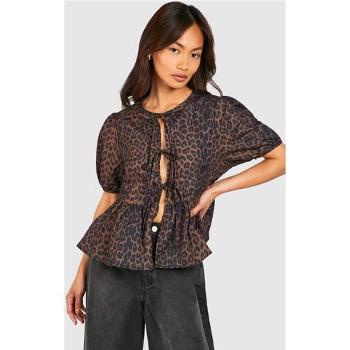 Top De Leopardo Con Mangas Abullonadas Y Atadura De Lazo - boohoo - Modalova