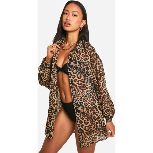 Camisa Para La Playa De Corte Largo Con Botones Frontales Y Estampado De Leopardo - boohoo - Modalova