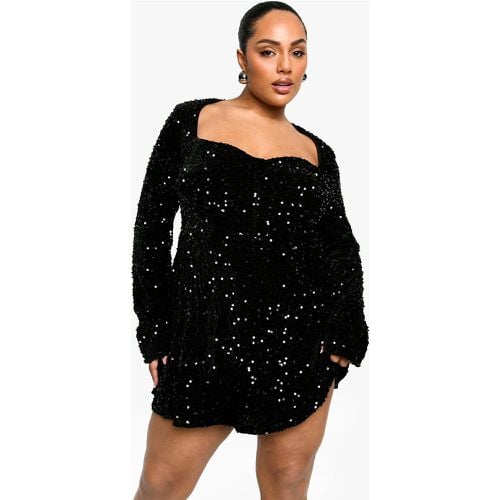 Vestito Skater Plus Size in velluto con paillettes e scollo a cuore - boohoo - Modalova