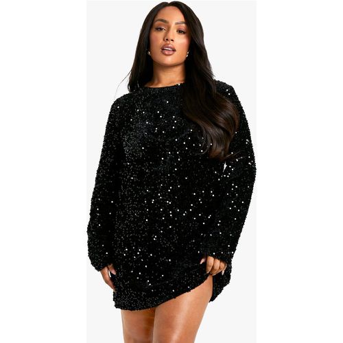 Vestito a trapezio Plus Size in velluto con paillettes e fiocco sul retro - boohoo - Modalova