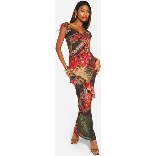 Vestito maxi in rete mista leopardata con arricciature - boohoo - Modalova