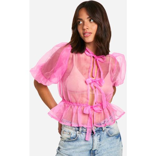 Top in organza con laccetti frontali e maniche a sbuffo - boohoo - Modalova