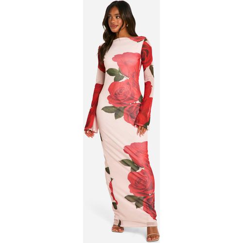 Vestido Maxi De Malla Con Mangas Acampanadas Y Estampado De Rosas Con Escote Barco - boohoo - Modalova