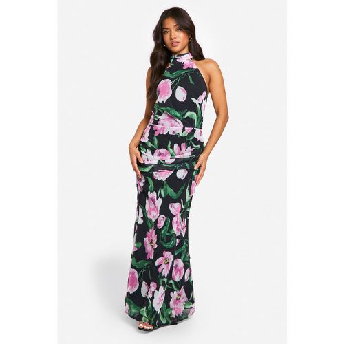 Vestito maxi Petite a fiori astratti a collo alto con ruches - boohoo - Modalova