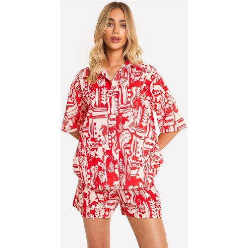 Conjunto Efecto Lino De Pantalón Corto Y Camisa Oversize Con Estampado - boohoo - Modalova