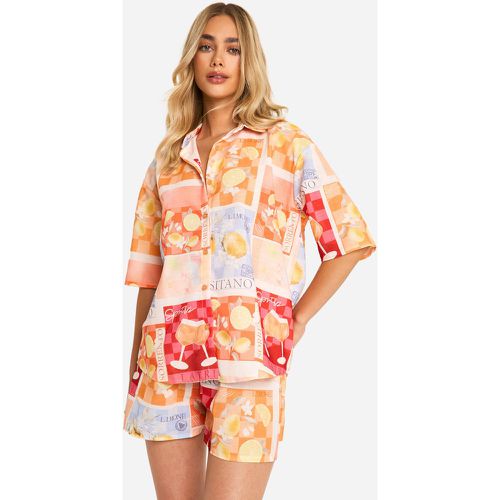 Conjunto De Pantalón Corto Y Camisa Oversize Efecto Lino Con Estampado De Postal - boohoo - Modalova