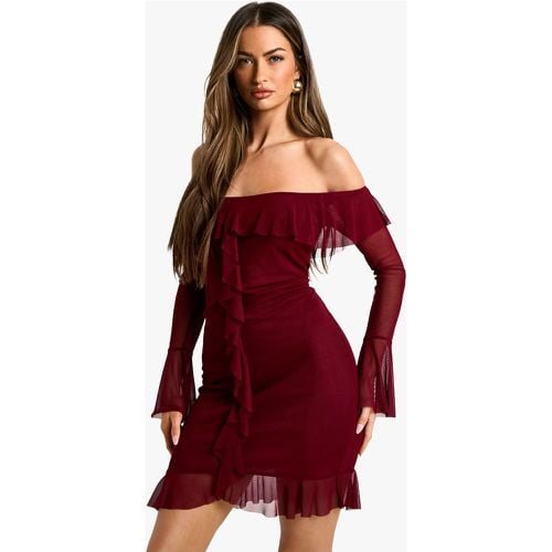 Vestido Mini Asimétrico De Malla Con Volante Y Puños Acampanados - boohoo - Modalova