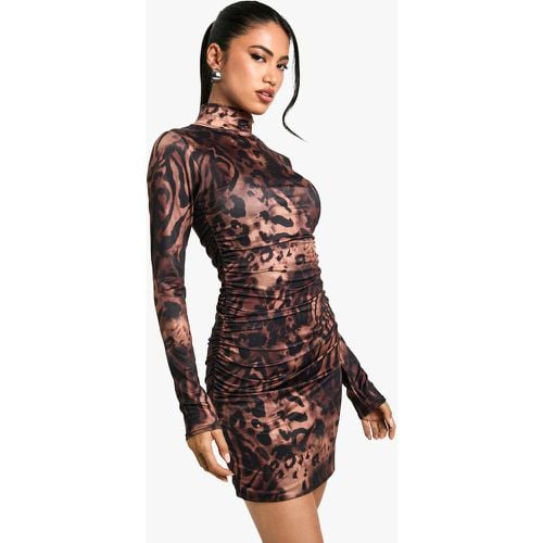 Vestido Mini Fruncido Ceñido Con Cuello Alto Y Estampado De Leopardo - boohoo - Modalova