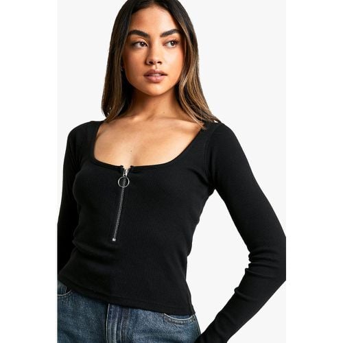 Top a coste a maniche lunghe con zip frontale - boohoo - Modalova