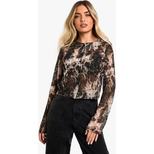 TOP CARDIGAN IN TESSUTO TRASPARENTE CON STAMPA LEOPARDATA SCURO - boohoo - Modalova