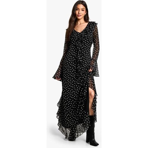 Vestito maxi in chiffon a pois con maniche svasate, cintura e arricciature - boohoo - Modalova