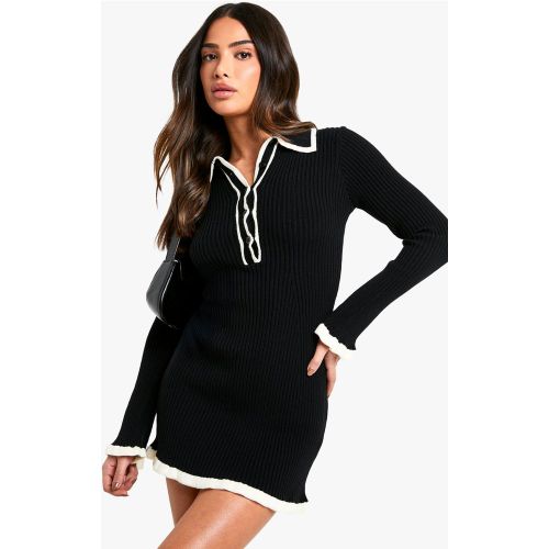 Vestido Petite Skater De Punto Con Cuello Y Ribete En Contraste - boohoo - Modalova