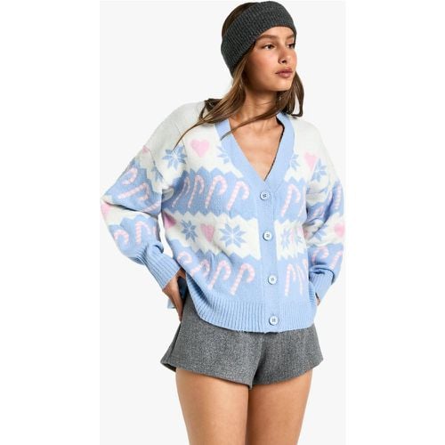 Cardigan natalizio con motivi Fairisle e cuori - boohoo - Modalova