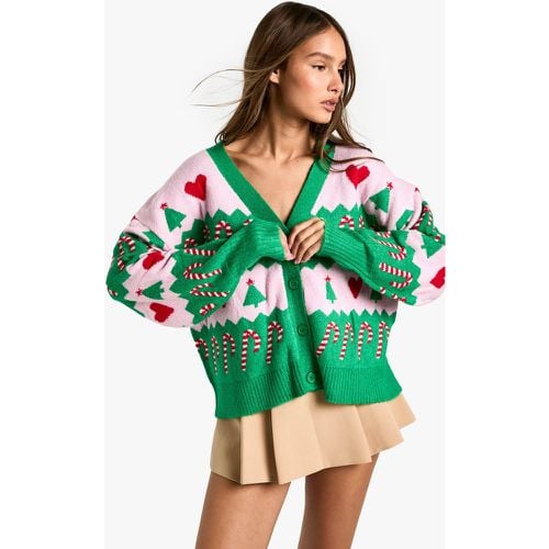 Cardigan natalizio in maglia con motivi Fairisle e cuori - boohoo - Modalova