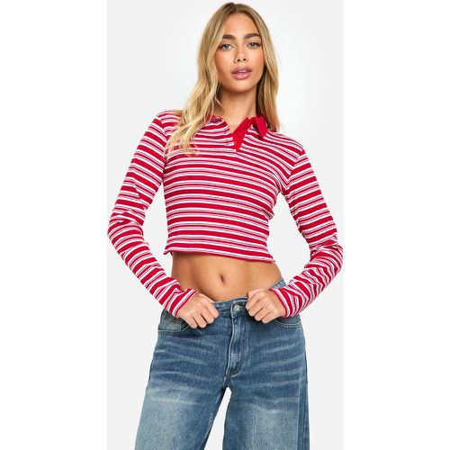 Top a maniche lunghe a righe con colletto - boohoo - Modalova