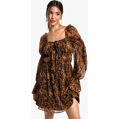 Vestido Mini Estilo Mesonera De Chifón Con Estampado De Leopardo - boohoo - Modalova