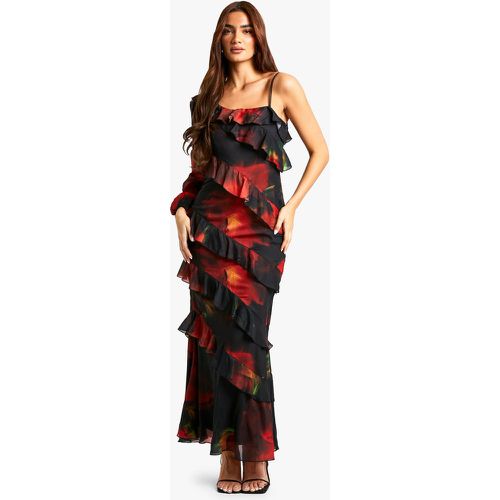 Vestido Maxi De Flores Oscuras Con Volante - boohoo - Modalova