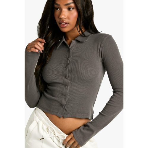 Camisa De Manga Larga Ajustada De Canalé Con Botones De Presión Y Cuello - boohoo - Modalova