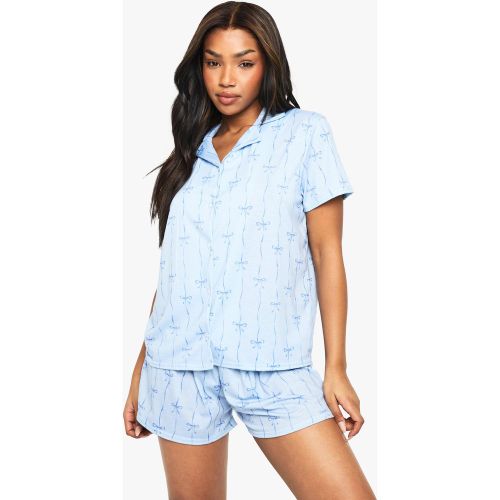 Pijama De Pantalón Corto Y Camisa De Rayas Con Lazo - boohoo - Modalova