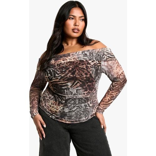 Plus Leopard Mesh Bardot Top, Multi - boohoo - Modalova