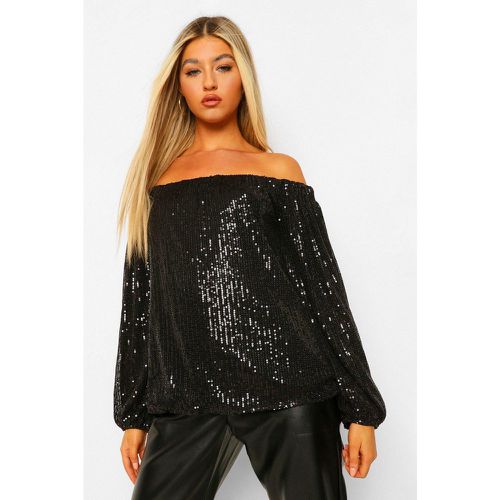 Top Tall De Manga Larga Con Lentejuelas Y Escote Bardot - boohoo - Modalova