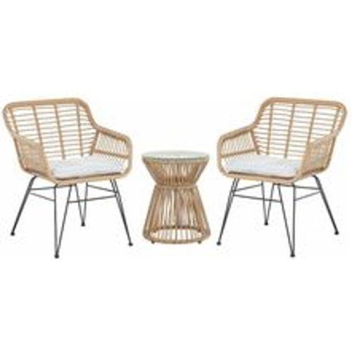 Balkonset Hellbraun Rattan Stahl Sicherheitsglas 2 Stühle Beistellstisch mit Auflagen Balkon Terrasse Garten - BELIANI - Modalova