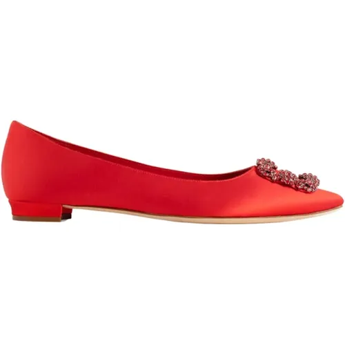 Rote Satin Juwelenschnalle Flache Schuhe , Damen, Größe: 35 EU - Manolo Blahnik - Modalova