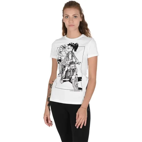 Weißes Baumwoll-T-Shirt Stilvolles Design , Damen, Größe: XS - Love Moschino - Modalova