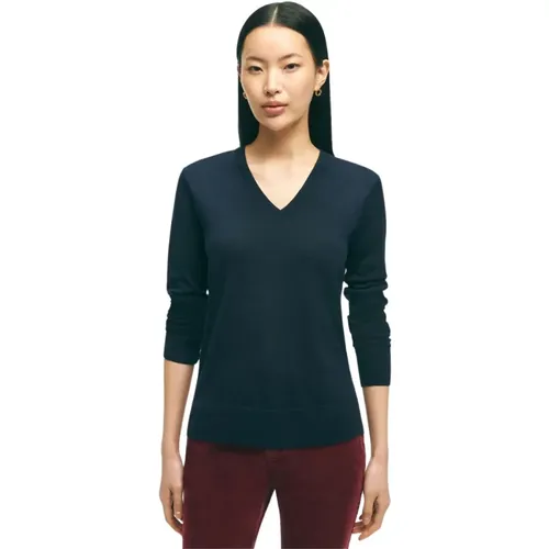 Marineblauer Merinowoll-V-Ausschnitt-Pullover , Damen, Größe: M - Brooks Brothers - Modalova