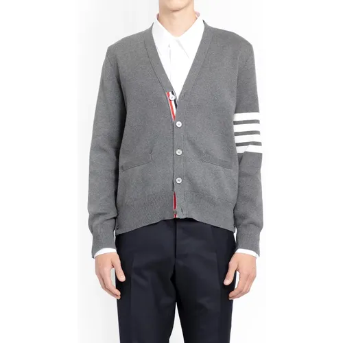 Grey V-Neck Cotton Cardigan with 4-Bar Stitch , male, Sizes: XL, M, 2XL, L - Thom Browne - Modalova