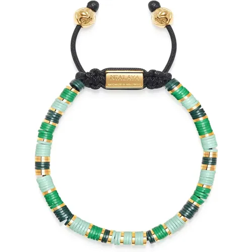 Men's Beaded Bracelet with Green and Gold Disc Beads - Nialaya - Modalova
