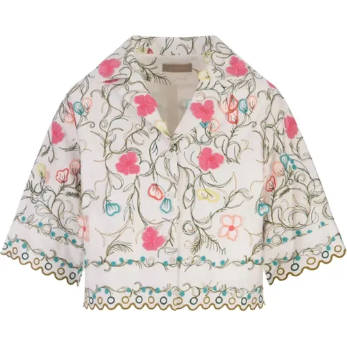 Floral Embroidered Short-Sleeved Jacket , female, Sizes: XS, 2XS - Elie Saab - Modalova