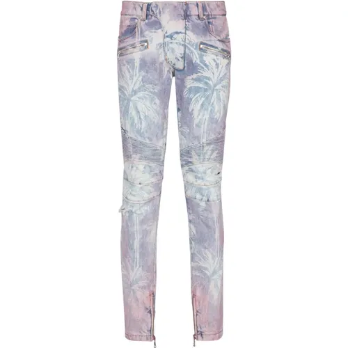 Denim Biker Jeans mit Palmenprint - Balmain - Modalova